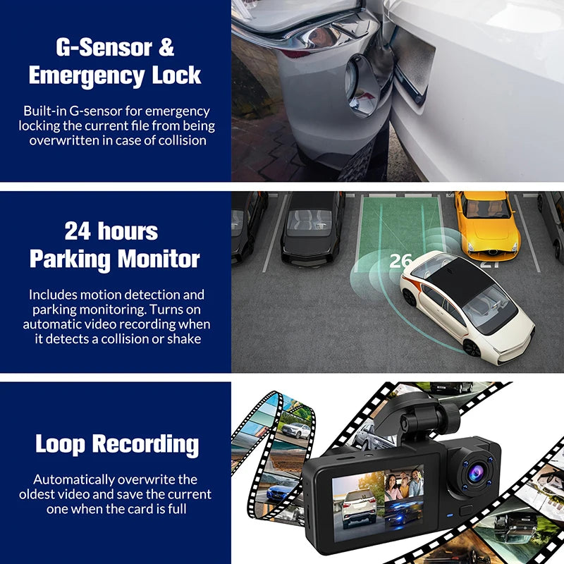 Triple Lens WiFi Dashcam 2/3 Channel Car Camera 1080P HD Video Recorder, Night Vision Car DVR with Wide Angle for Front and Rea