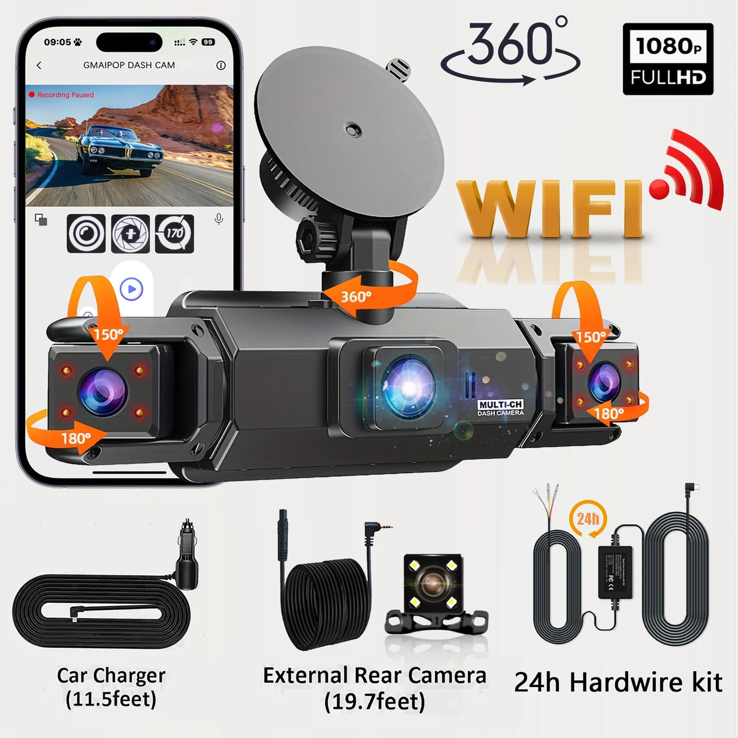 Dashcam for cars 4 Channel Black Box WiFi Driving Camera