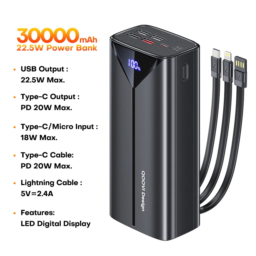 QOOVI 30000mah Power Bank 22.5W Fast Charging Built-in Cable