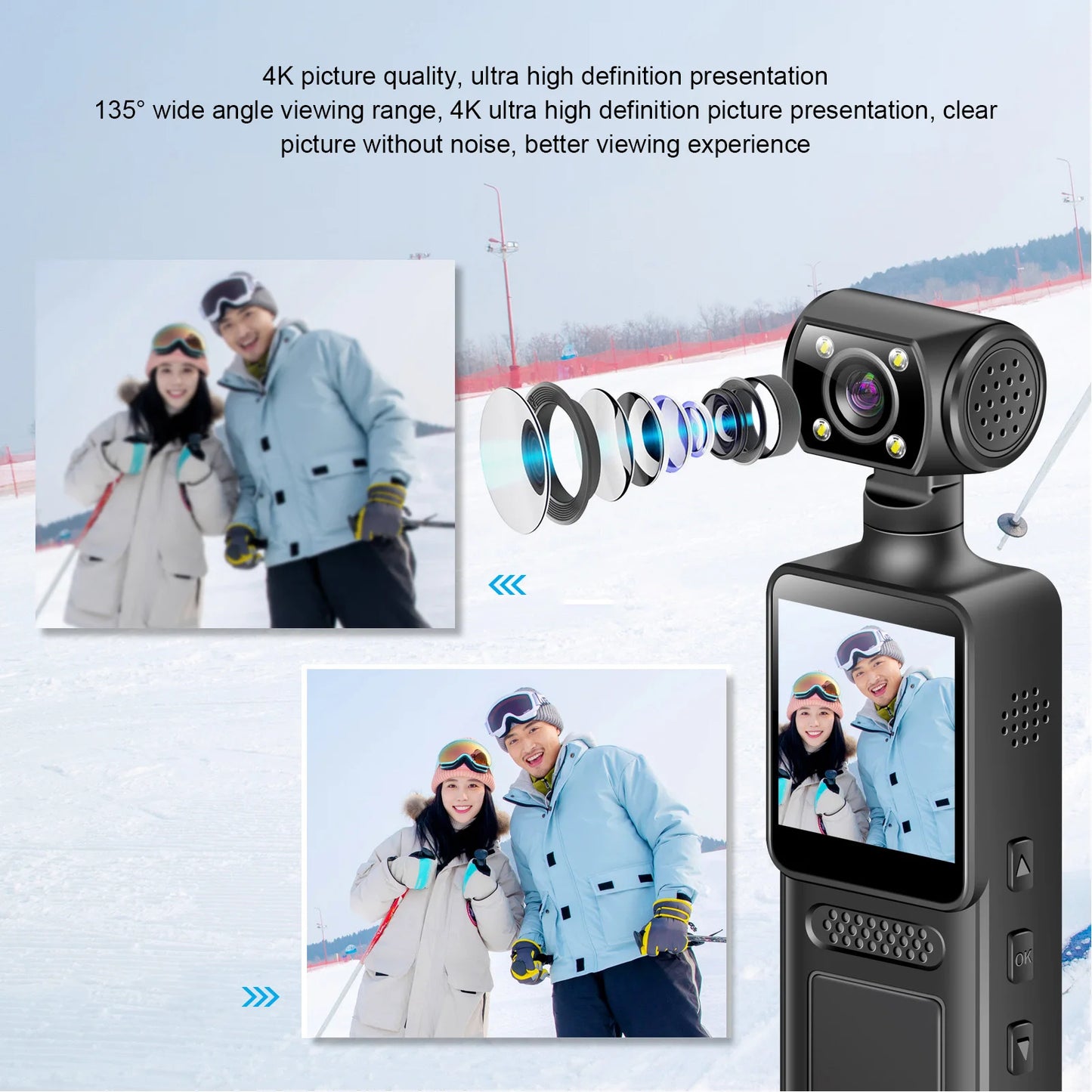 Handheld Sports Camera 1.3 Inch Screen LED Light 180 Degree Rotating Lens Action Camera WiFi 135 Degree Wide Angle for Travel