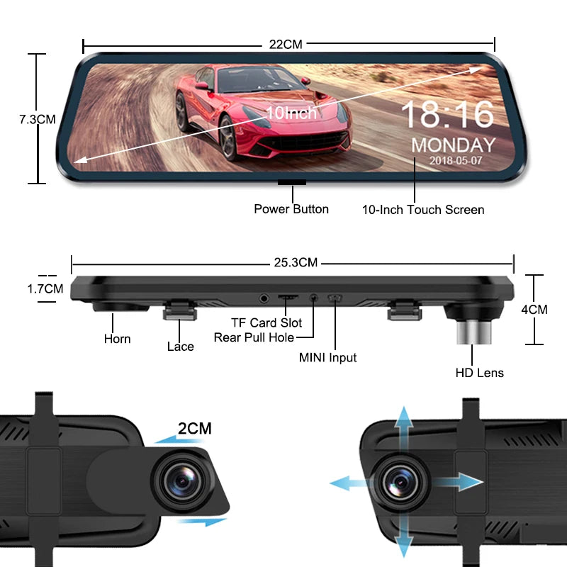 10 Inch Car DVR Car Touch Screen video Recorder Dual 1080P