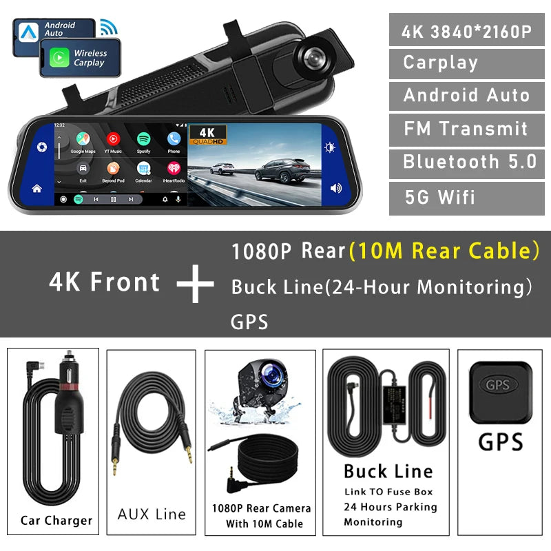 10"  Dash Cam 4K 3840*2160P Car Dvr Carplay Android Auto GPS