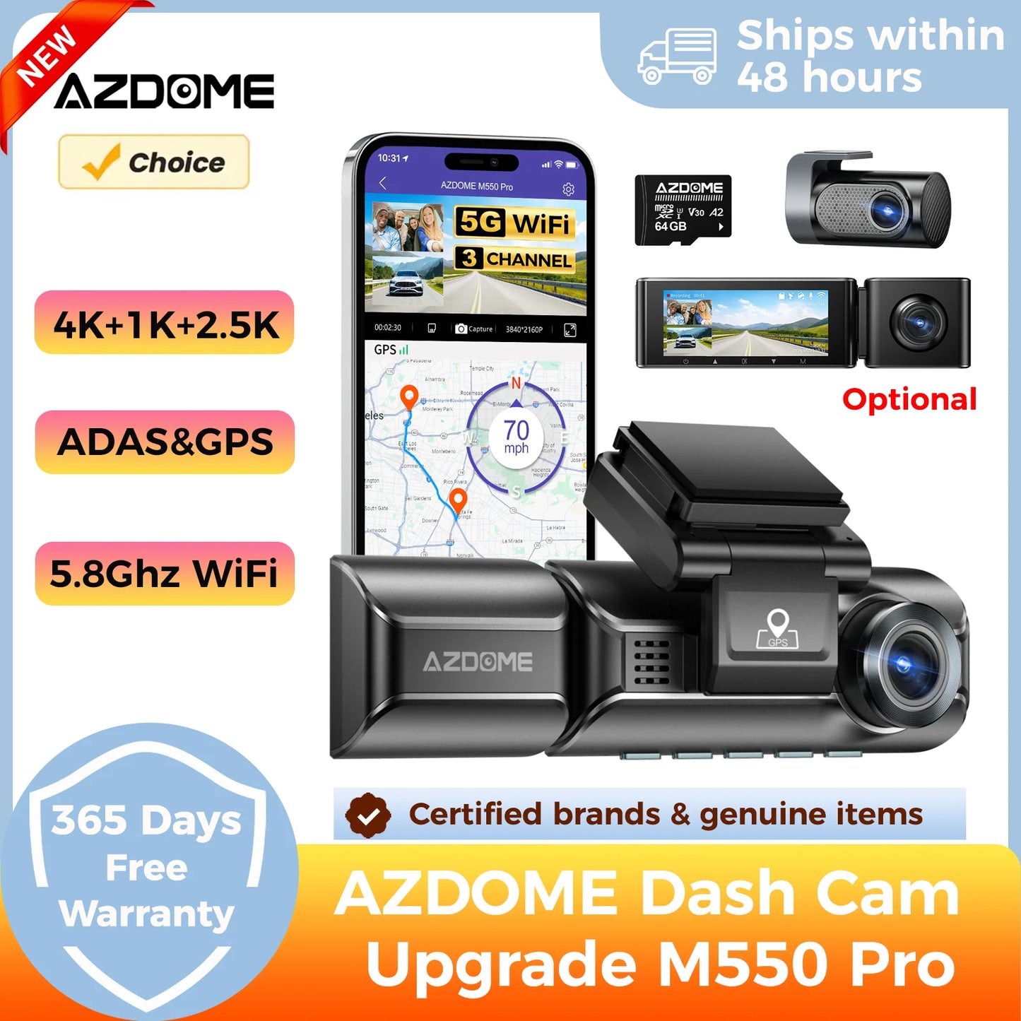 AZDOME M550 Pro 5.8Ghz WiFi 2/3 Channel Dash Cam