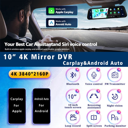 10"  Dash Cam 4K 3840*2160P Car Dvr Carplay Android Auto GPS
