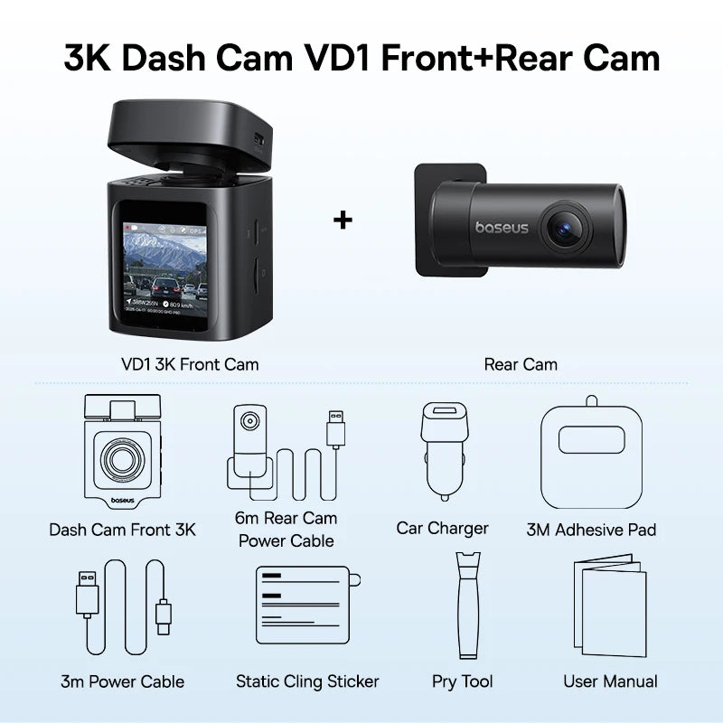 Baseus 3K Dash Cam VD1 Front and Rear Cam HD Built-in GPS