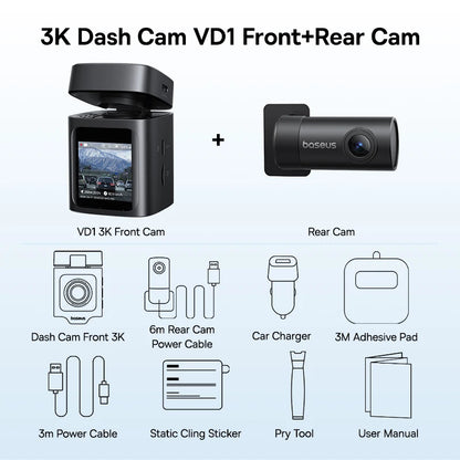 Baseus 3K Dash Cam VD1 Front and Rear Cam HD Built-in GPS