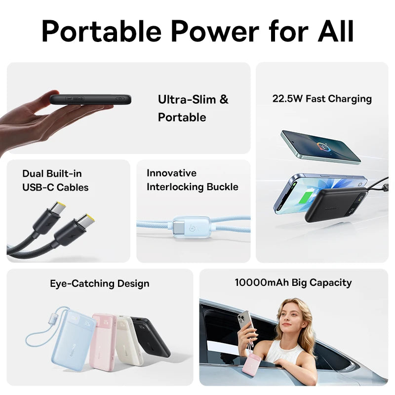 Baseus 10000mAh Power Bank 22.5W Built-In Dual USB-C Cable