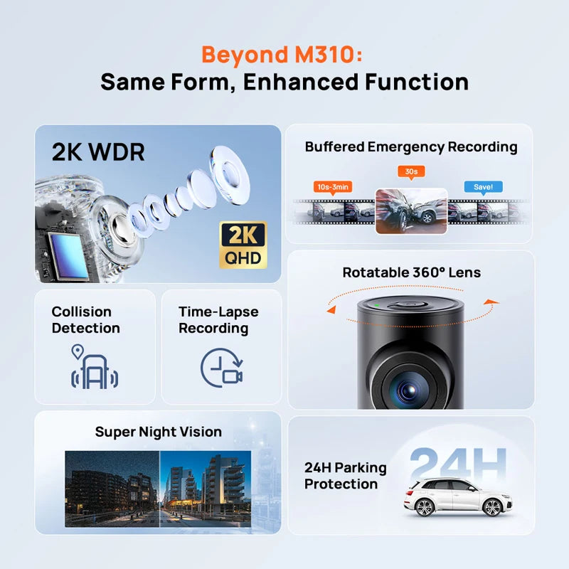70mai Dash Cam M310 Plus 2K 1440P 143°FOV F1.55 Smart Voice Control