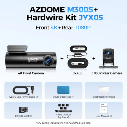 AZDOME M300S 4K Dash Cam Front and Rear, Built-in ADAS