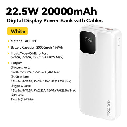 Essager Portable Power Bank 20000mAh with Two Built-in Cables