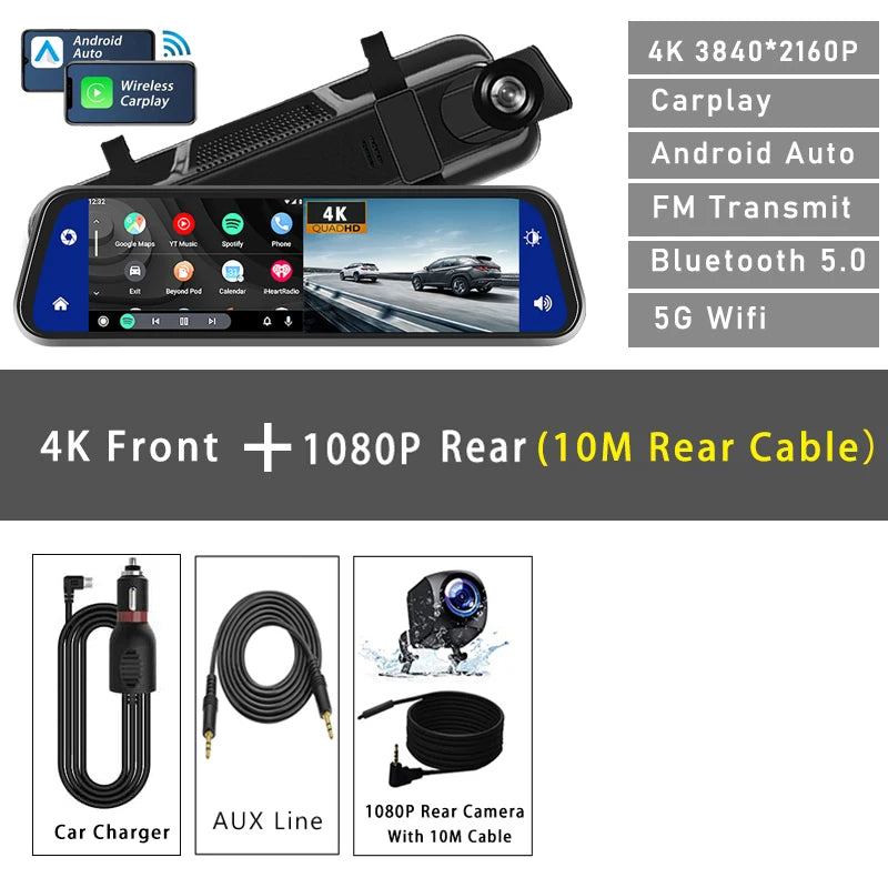 10"  Dash Cam 4K 3840*2160P Car Dvr Carplay Android Auto GPS