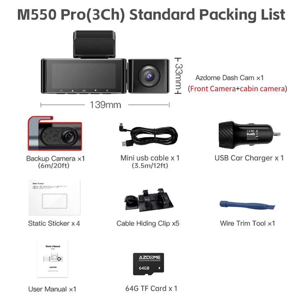 AZDOME M550 Pro 5.8Ghz WiFi 2/3 Channel Dash Cam