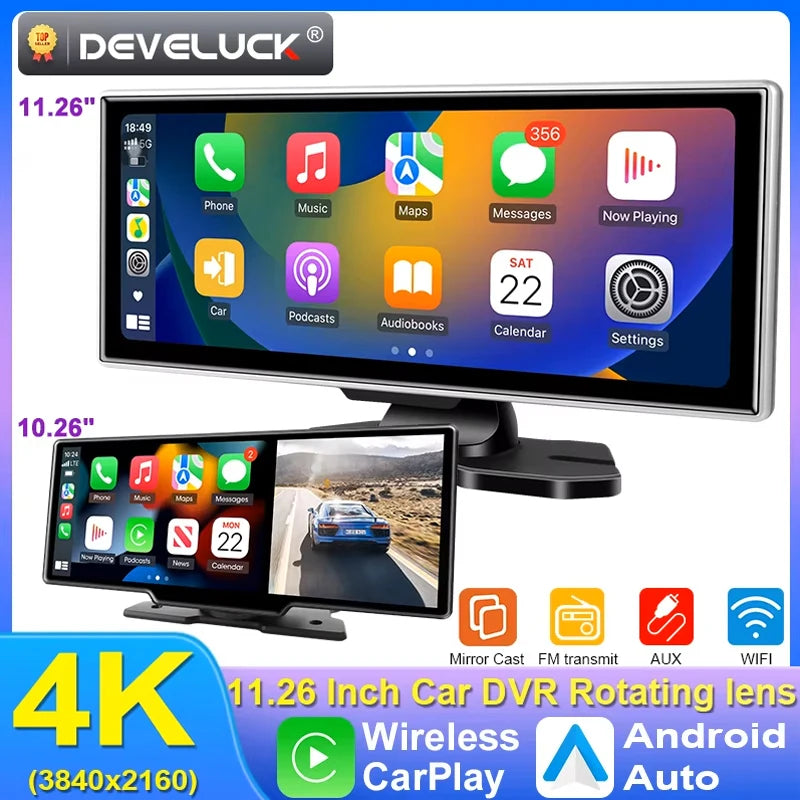 10/11.26 inch Dash Cam 4K Car DVR Wireless Carplay & Android Auto GPS