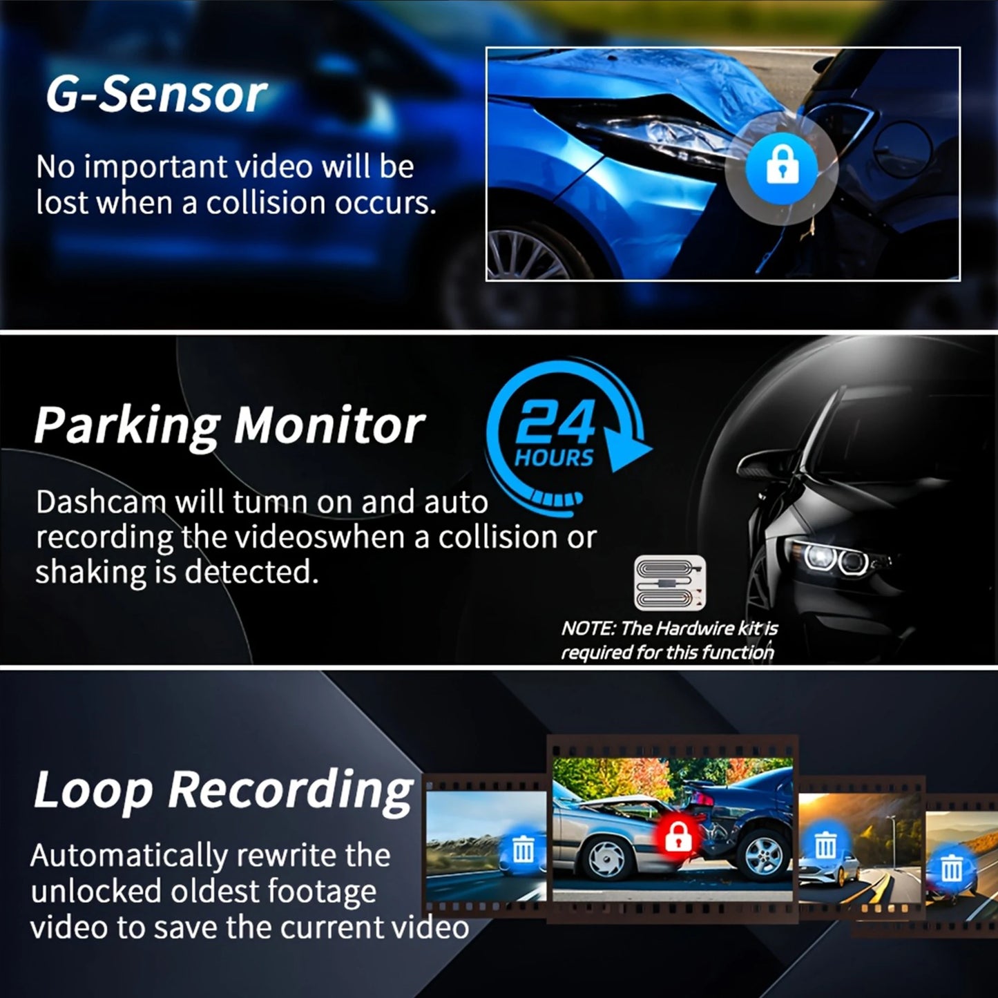 3 Cameraes Dash Cam 1080P Front and rear view camera