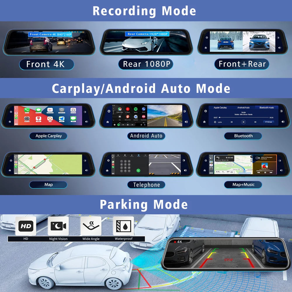 10"  Dash Cam 4K 3840*2160P Car Dvr Carplay Android Auto GPS