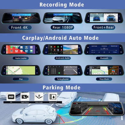 10"  Dash Cam 4K 3840*2160P Car Dvr Carplay Android Auto GPS