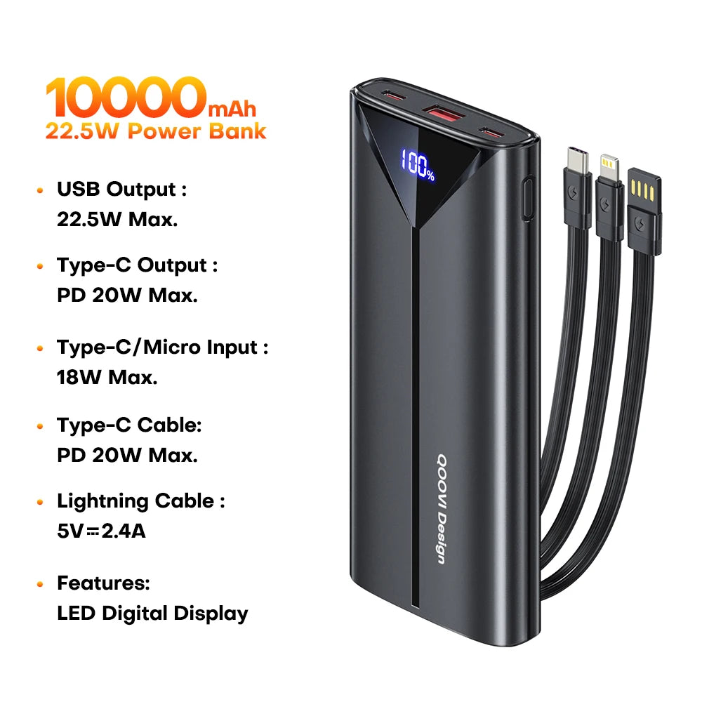 QOOVI 30000mah Power Bank 22.5W Fast Charging Built-in Cable