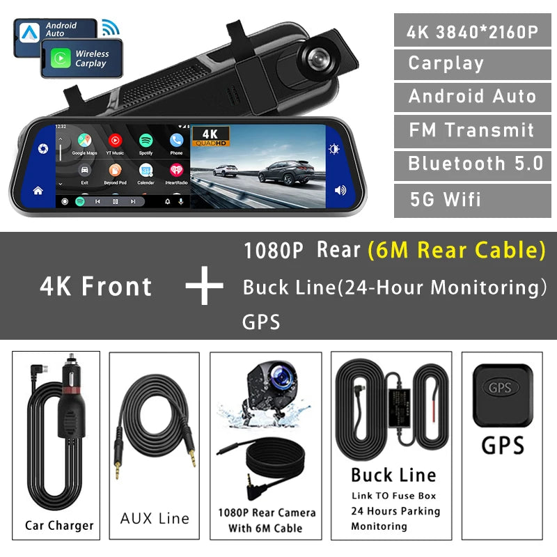 10"  Dash Cam 4K 3840*2160P Car Dvr Carplay Android Auto GPS
