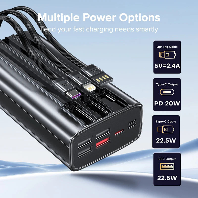 QOOVI 30000mah Power Bank 22.5W Fast Charging Built-in Cable
