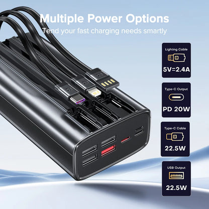 QOOVI 30000mah Power Bank 22.5W Fast Charging Built-in Cable