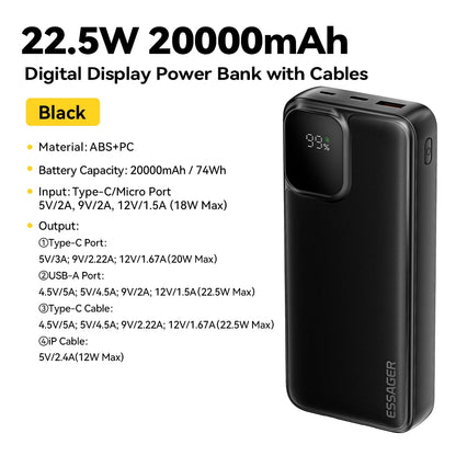 Essager Portable Power Bank 20000mAh with Two Built-in Cables