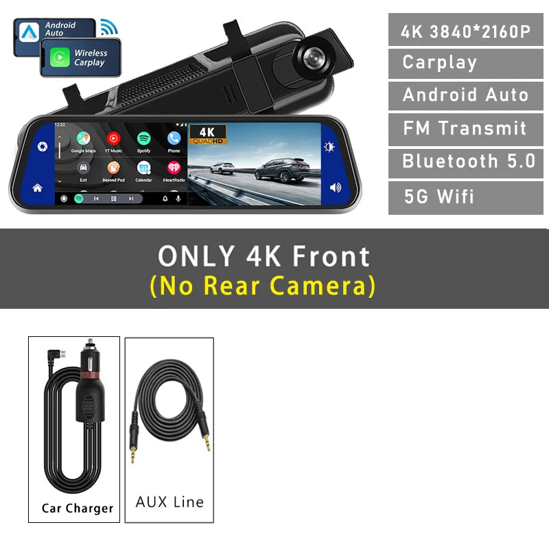 10"  Dash Cam 4K 3840*2160P Car Dvr Carplay Android Auto GPS