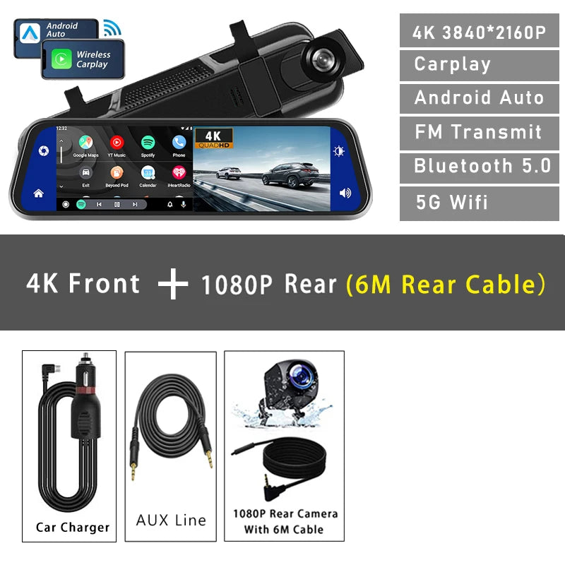 10"  Dash Cam 4K 3840*2160P Car Dvr Carplay Android Auto GPS