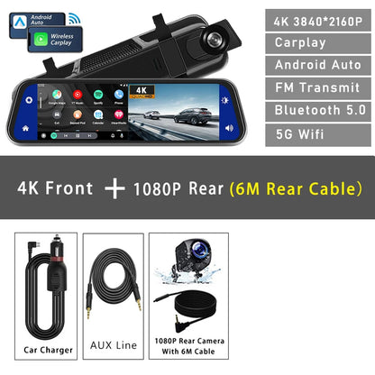 10"  Dash Cam 4K 3840*2160P Car Dvr Carplay Android Auto GPS