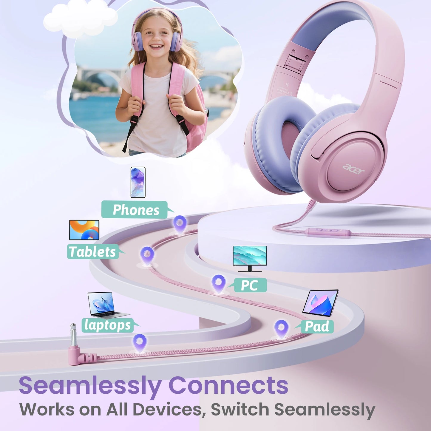 Acer HK03 Kids Wired Headphones for School 85/94dB Volume Limiter