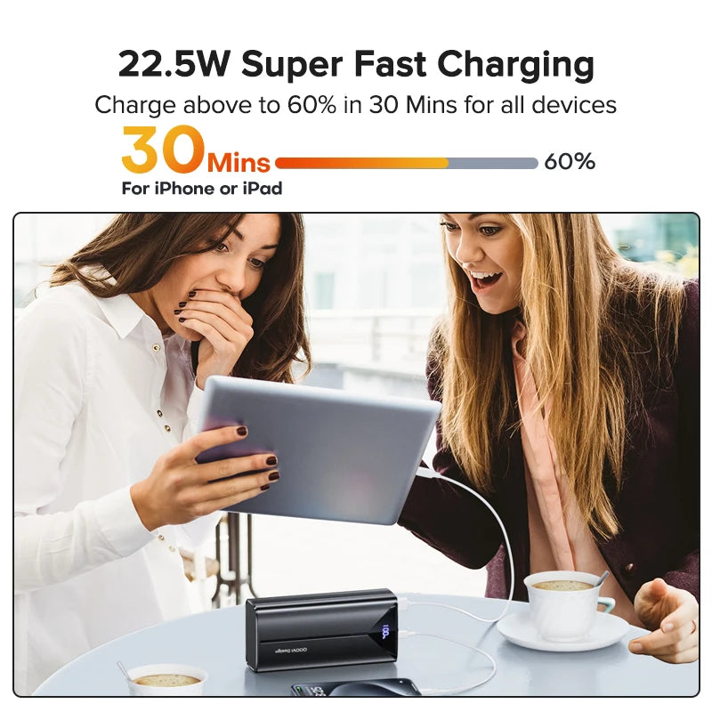 QOOVI 30000mah Power Bank 22.5W Fast Charging Built-in Cable