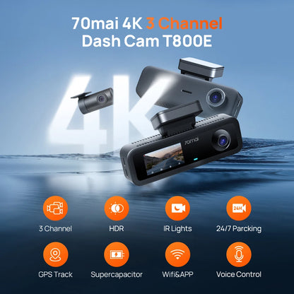 70mai 4K T800E 3-Channel Dash Cam Front Rear Interior 3-in-1