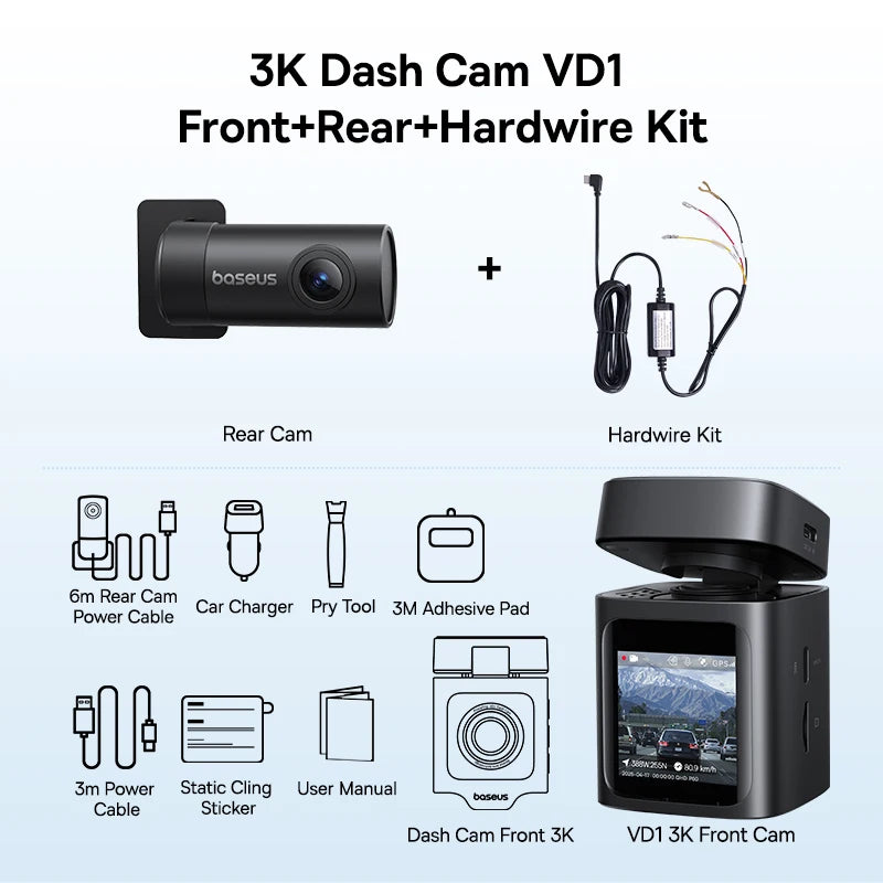 Baseus 3K Dash Cam VD1 Front and Rear Cam HD Built-in GPS
