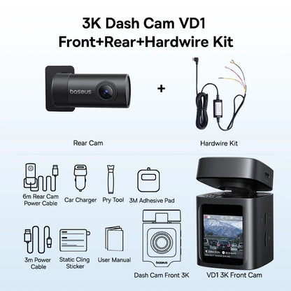 Baseus 3K Dash Cam VD1 Front and Rear Cam HD Built-in GPS