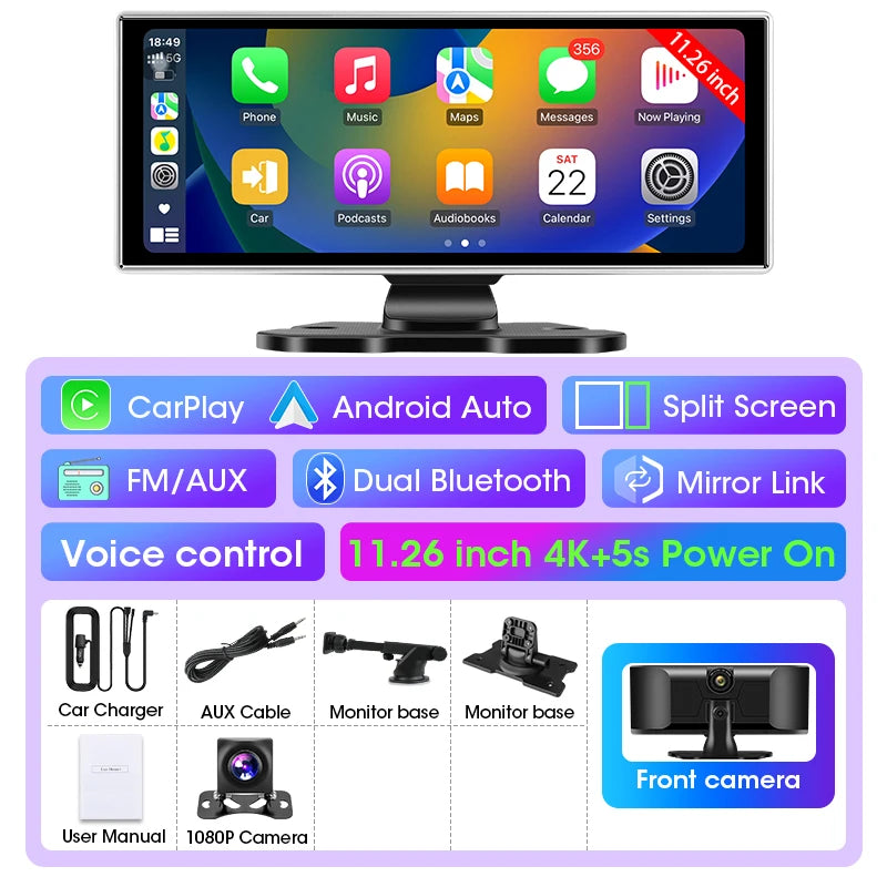 10/11.26 inch Dash Cam 4K Car DVR Wireless Carplay & Android Auto GPS