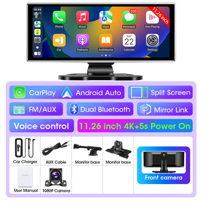 10/11.26 inch Dash Cam 4K Car DVR Wireless Carplay & Android Auto GPS