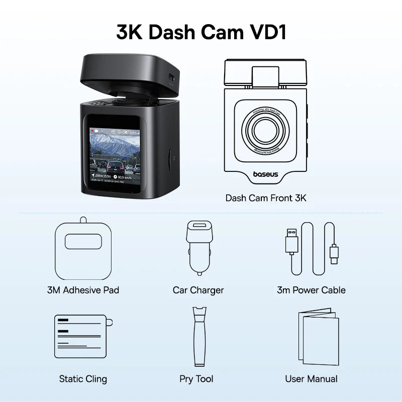 Baseus 3K Dash Cam VD1 Front and Rear Cam HD Built-in GPS
