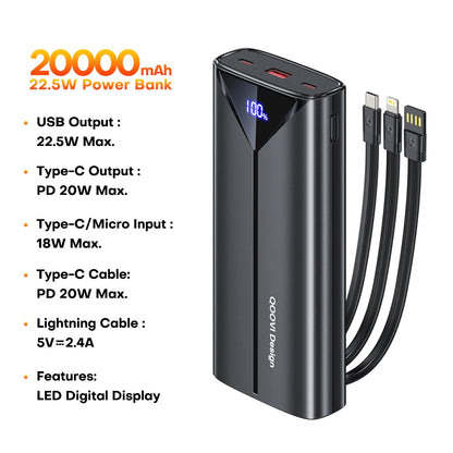 QOOVI 30000mah Power Bank 22.5W Fast Charging Built-in Cable