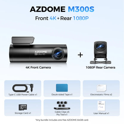 AZDOME M300S 4K Dash Cam Front and Rear, Built-in ADAS