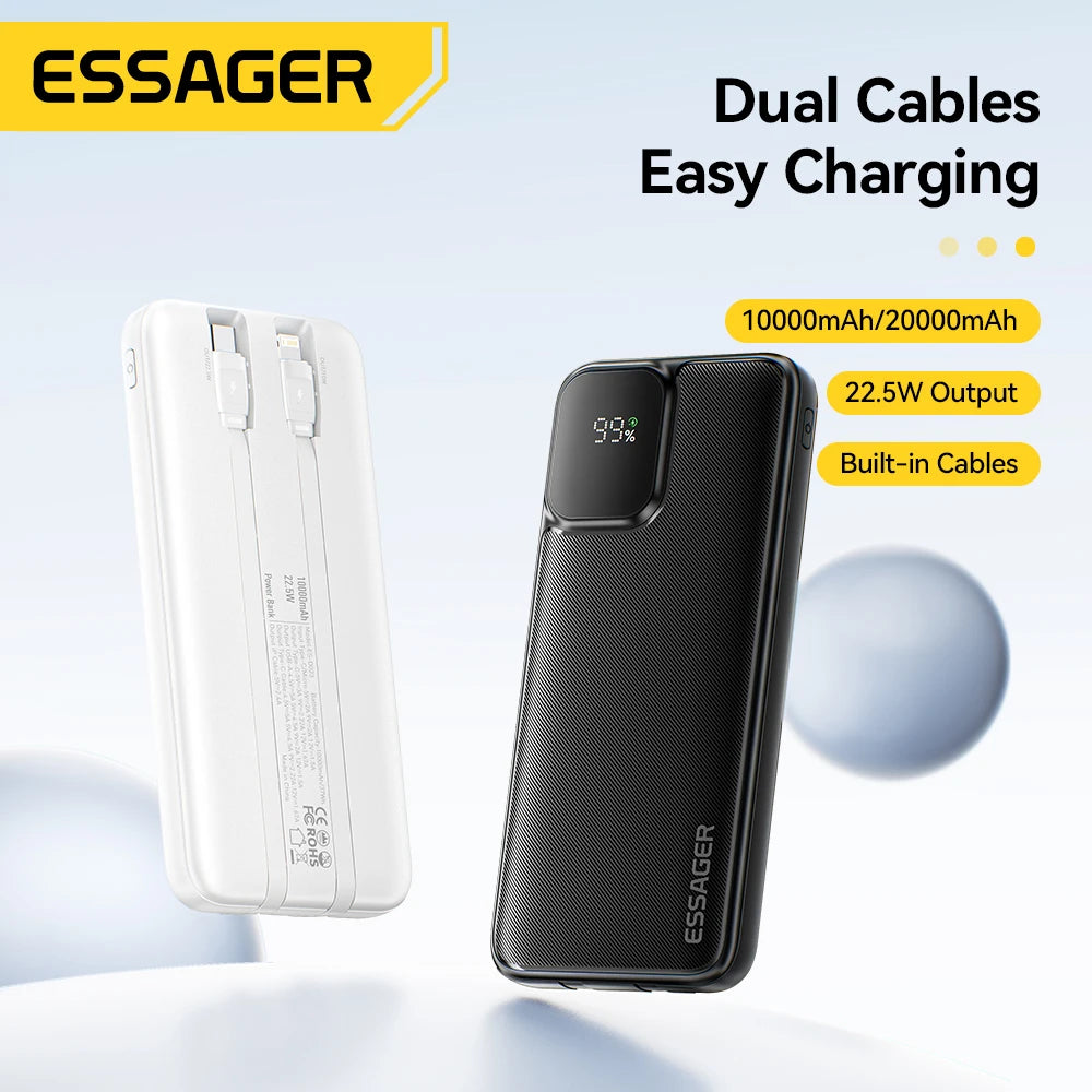 Essager Portable Power Bank 20000mAh with Two Built-in Cables