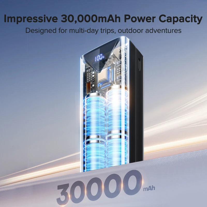 QOOVI 30000mah Power Bank 22.5W Fast Charging Built-in Cable