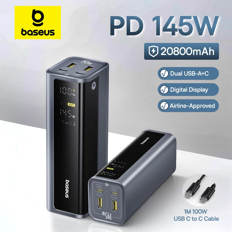 Baseus 145W Power Bank 20800mAh Dual USB A USB C PD 100W Fast Charging