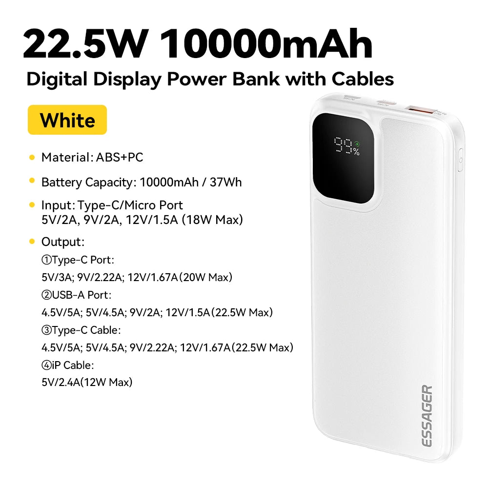 Essager Portable Power Bank 20000mAh with Two Built-in Cables