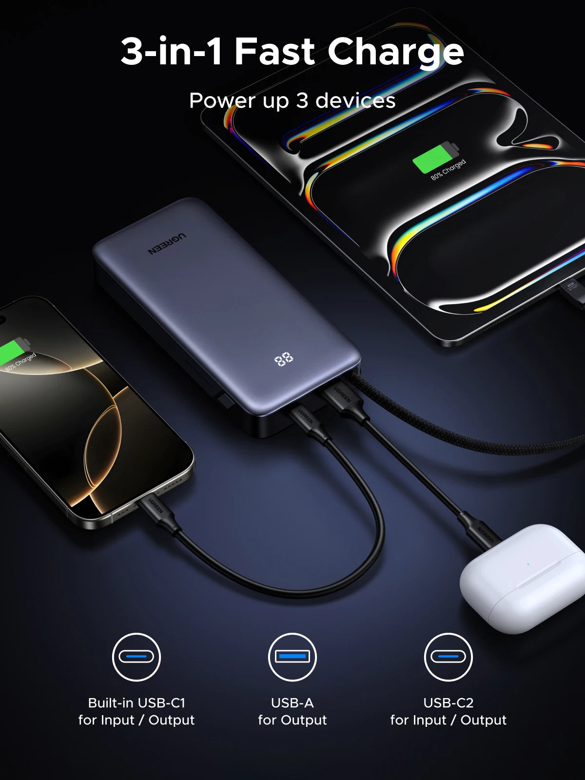 UGREEN 45W 20000mAh Built-in Type C Cable Power Bank