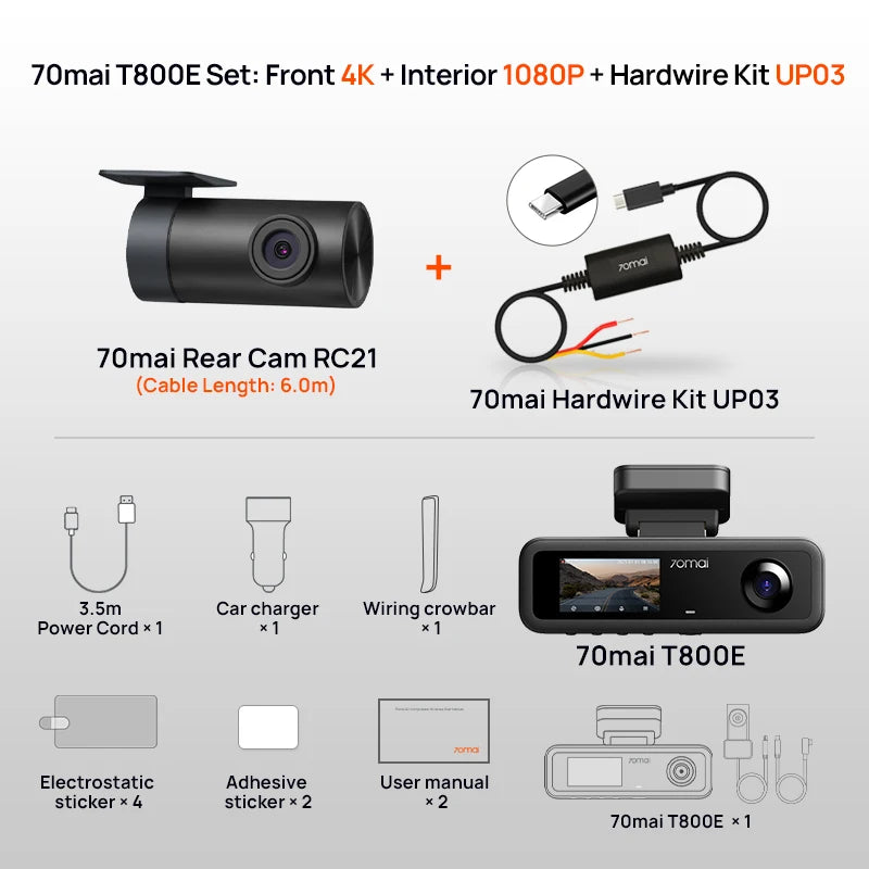 70mai 4K T800E 3-Channel Dash Cam Front Rear Interior 3-in-1