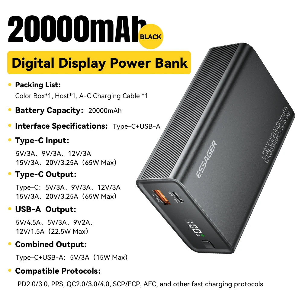 Essager Power Bank 20000mAh Portable PD 65W Fast Charging