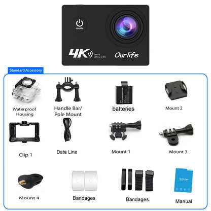 Ourlife 4K Action Camera Ultra HD 16MP WiFi 2.0 inch Screen