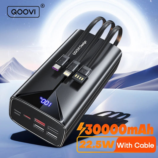 QOOVI 30000mah Power Bank 22.5W Fast Charging Built-in Cable